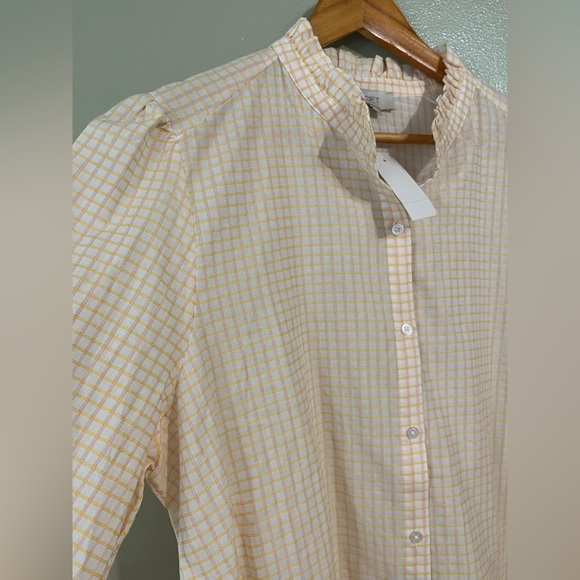 LOFT Tan and Orange Casual Button Up Shirt 100 % Textured. Cotton Plaid XL NWT - Picture 5 of 11